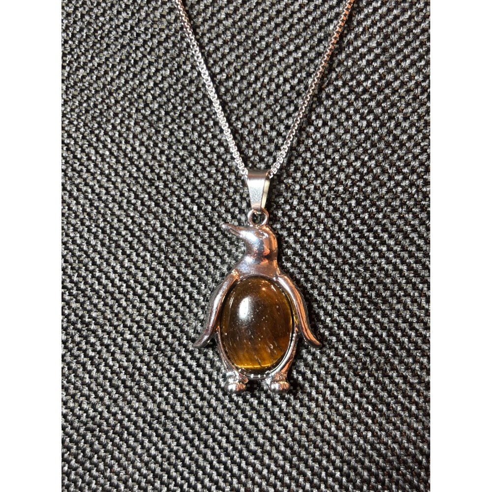 Stainless Steel Penguin Pendant Necklace Tigers Eye Stone Silver Tone Box Chain